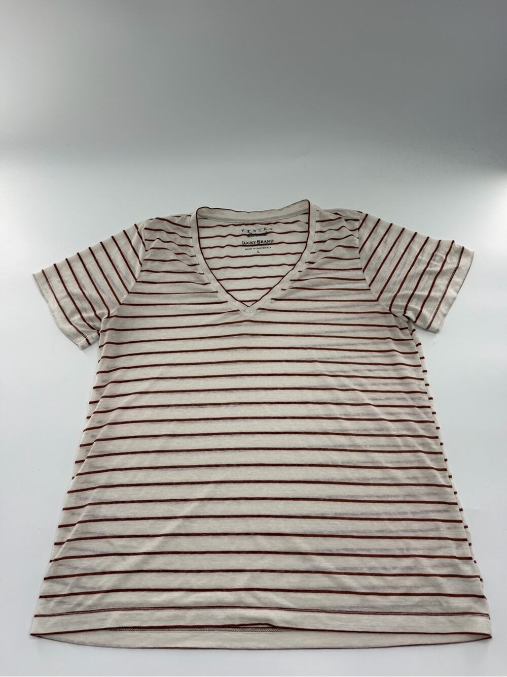 Lucky Brand Venice Burnout White Orange V Neck T Shirt Women’s Large Sheer